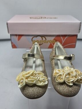 Parrosoo Toddler Girls Gold Glitter Mary Jane Dress Shoes Floral Rosette Size 7